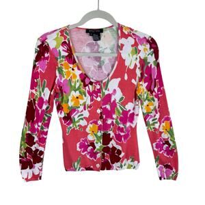 Etcetera Bright Floral Long Sleeve Scoop Neck Lightweight Button Up Cardi Size S
